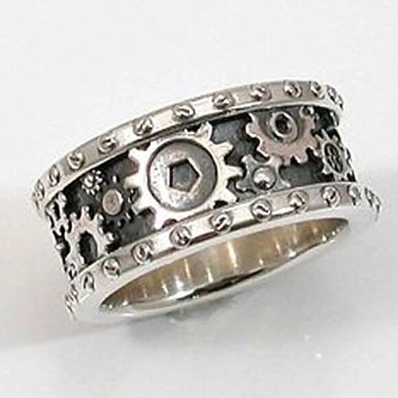 925 Silver Mechanical Gear and Rivet Detail Ring #805 (Men's or Women's) - Picture 5 of 12